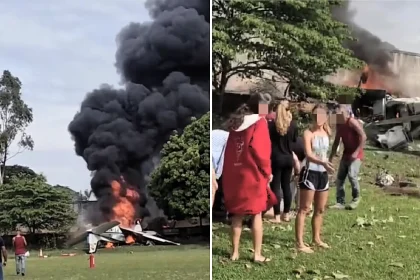 Two pilots died as a plane burst into flames in Brazil - one was heard calling for help as the fire spread - but sports club staff cut a survivor free from the wreckage.