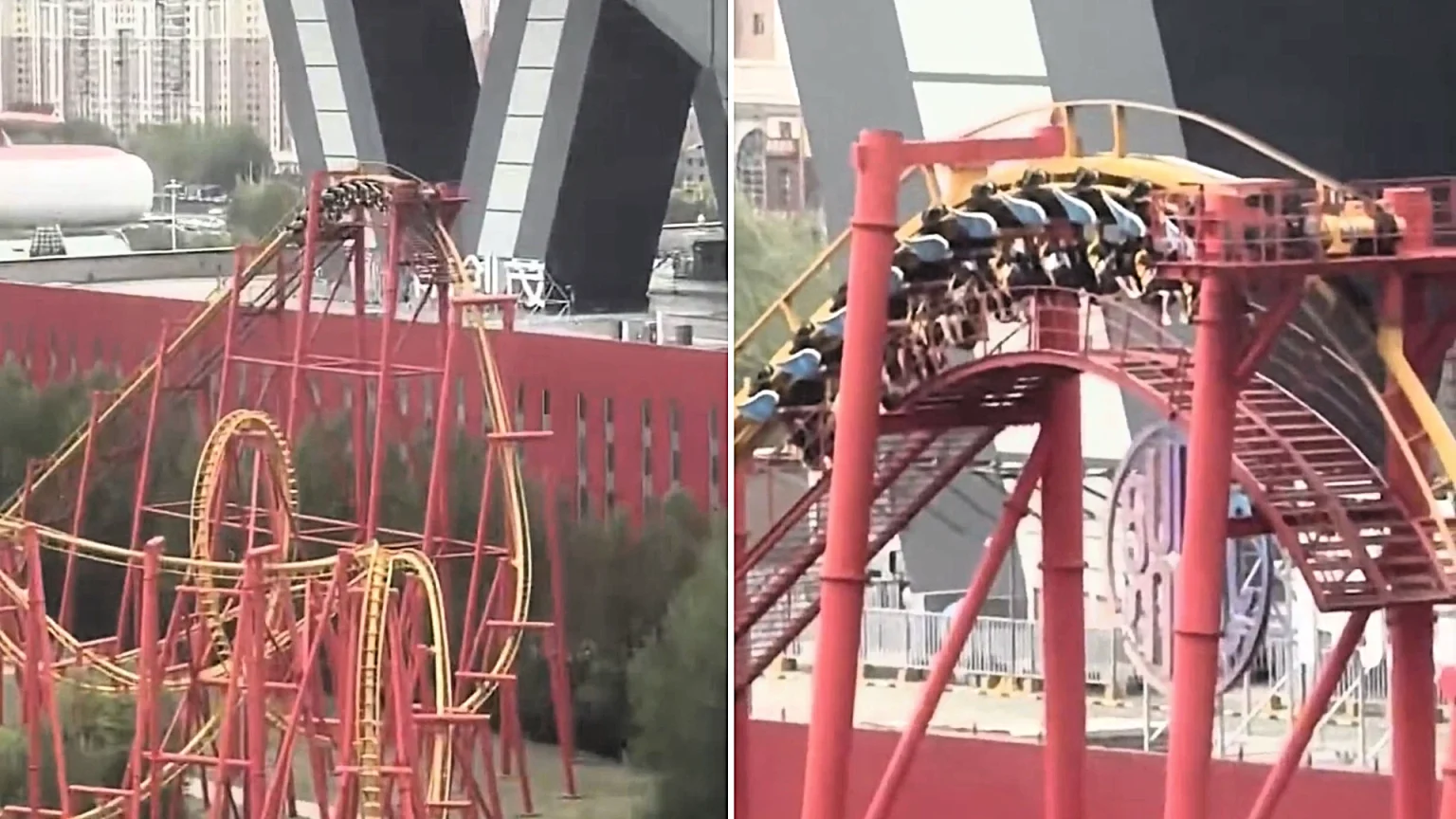 Dozens of thrill-seekers left dangling 328ft in the air on rollercoaster for half an hour after severe storm cut power to Chinese amusement park in terrifying ordeal.