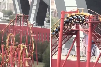 Dozens of thrill-seekers left dangling 328ft in the air on rollercoaster for half an hour after severe storm cut power to Chinese amusement park in terrifying ordeal.