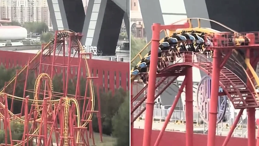 Dozens of thrill-seekers left dangling 328ft in the air on rollercoaster for half an hour after severe storm cut power to Chinese amusement park in terrifying ordeal.