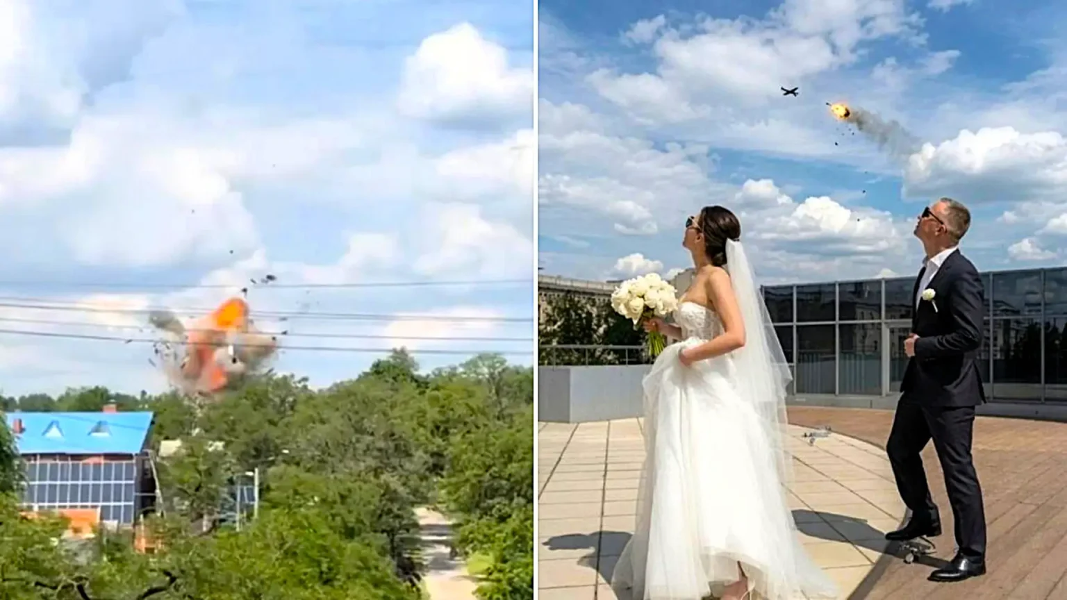 A Ukrainian wedding photoshoot was dramatically interrupted when a Russian kamikaze drone was blasted out of the sky above the couple, with the bride gasping as burning wreckage rained down.