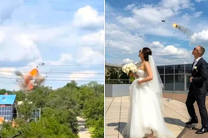 A Ukrainian wedding photoshoot was dramatically interrupted when a Russian kamikaze drone was blasted out of the sky above the couple, with the bride gasping as burning wreckage rained down.