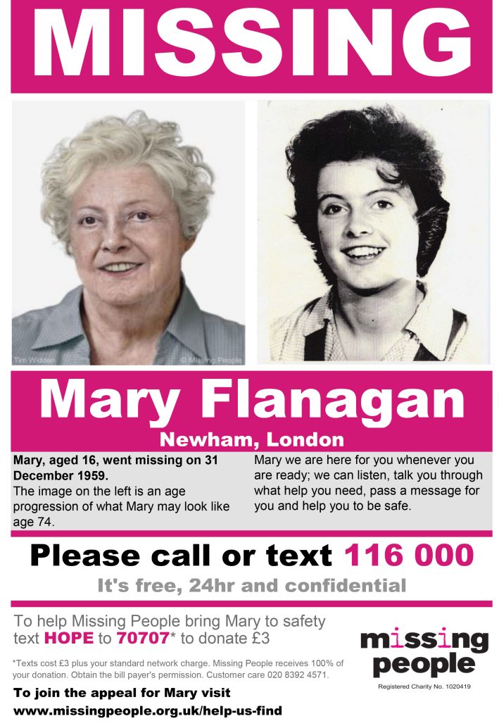 Britain's longest missing person Mary Flanagan vanished on New Year's Eve 1959 aged 16 - now a new image shows what she could look like at 83, almost 67 years on.