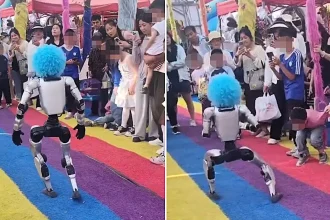 A wig-wearing humanoid robot kicked a boy in the stomach at a Chinese botanical garden during a live martial arts demo - with parents furious at staff's lack of response.