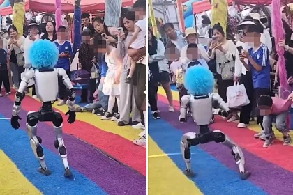 A wig-wearing humanoid robot kicked a boy in the stomach at a Chinese botanical garden during a live martial arts demo - with parents furious at staff's lack of response.