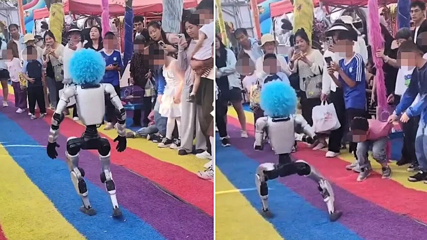 A wig-wearing humanoid robot kicked a boy in the stomach at a Chinese botanical garden during a live martial arts demo - with parents furious at staff's lack of response.