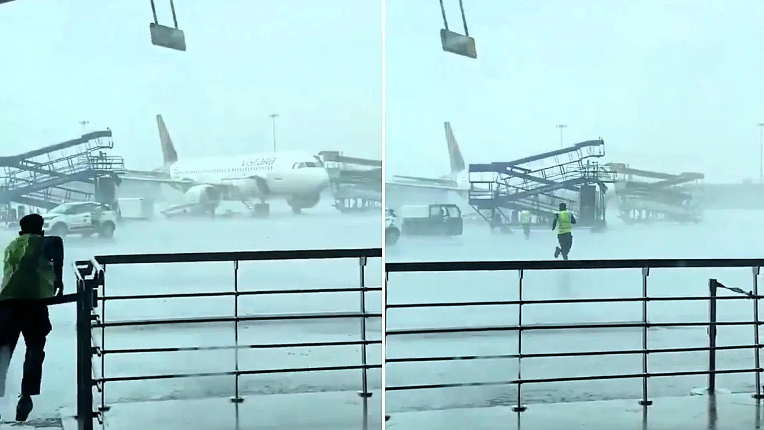 An airstair and driverless vehicle were blasted across Delhi airport's tarmac by violent winds, smashing into three Air India planes as ATC failed to warn of the storm.