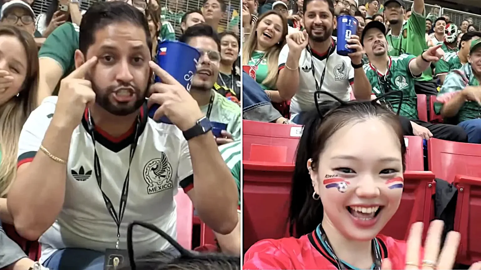 A Mexican fan who made a racist gesture behind a South Korean influencer with 6.6m YouTube subscribers at a World Cup match has resigned from his job following a huge online backlash.