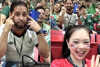 A Mexican fan who made a racist gesture behind a South Korean influencer with 6.6m YouTube subscribers at a World Cup match has resigned from his job following a huge online backlash.