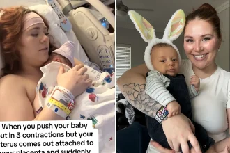 A mum reveals the shocking moment her uterus fell out while she held her newborn - her doctor looked like a 'deer in headlights' as a rare complication almost killed her.