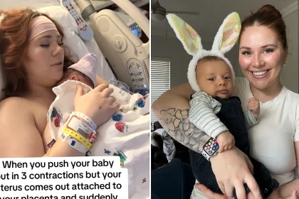 A mum reveals the shocking moment her uterus fell out while she held her newborn - her doctor looked like a 'deer in headlights' as a rare complication almost killed her.