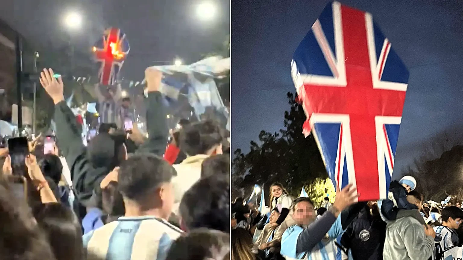 Argentina fans were spotted torching a Union Flag and brawling with chairs as they celebrated their dramatic late World Cup semi-final win over England.