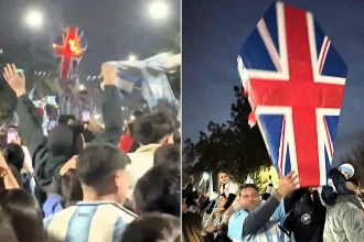 Argentina fans were spotted torching a Union Flag and brawling with chairs as they celebrated their dramatic late World Cup semi-final win over England.