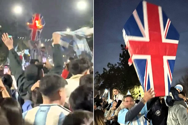 Argentina fans were spotted torching a Union Flag and brawling with chairs as they celebrated their dramatic late World Cup semi-final win over England.