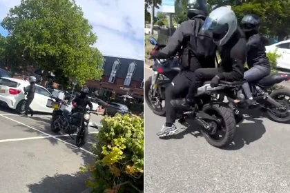 A bumbling bike gang were filmed botching a motorbike theft in broad daylight - fleeing empty-handed after failing to remove the cover and even flipping off a witness.