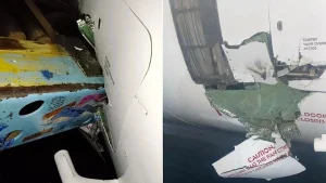 Bungling airport workers crashed a baggage vehicle into the engine of a passenger plane in Lagos, wrecking the Airbus A320 just after everyone got off.