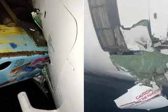 Bungling airport workers crashed a baggage vehicle into the engine of a passenger plane in Lagos, wrecking the Airbus A320 just after everyone got off.