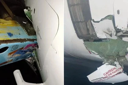 Bungling airport workers crashed a baggage vehicle into the engine of a passenger plane in Lagos, wrecking the Airbus A320 just after everyone got off.