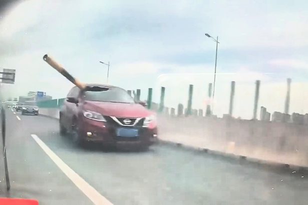 Lorry driver ignores 2.5m height restriction in Suzhou China sending steel bar flying into Nissan windscreen in terrifying viral dashcam video
