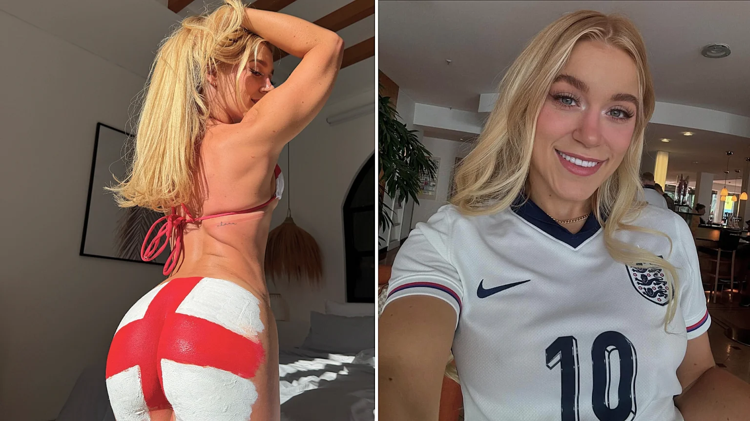 A model has left England fans doing a double take after painting a giant St George's Cross across her bum to show her support ahead of the World Cup clash with DR Congo.