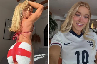 A model has left England fans doing a double take after painting a giant St George's Cross across her bum to show her support ahead of the World Cup clash with DR Congo.
