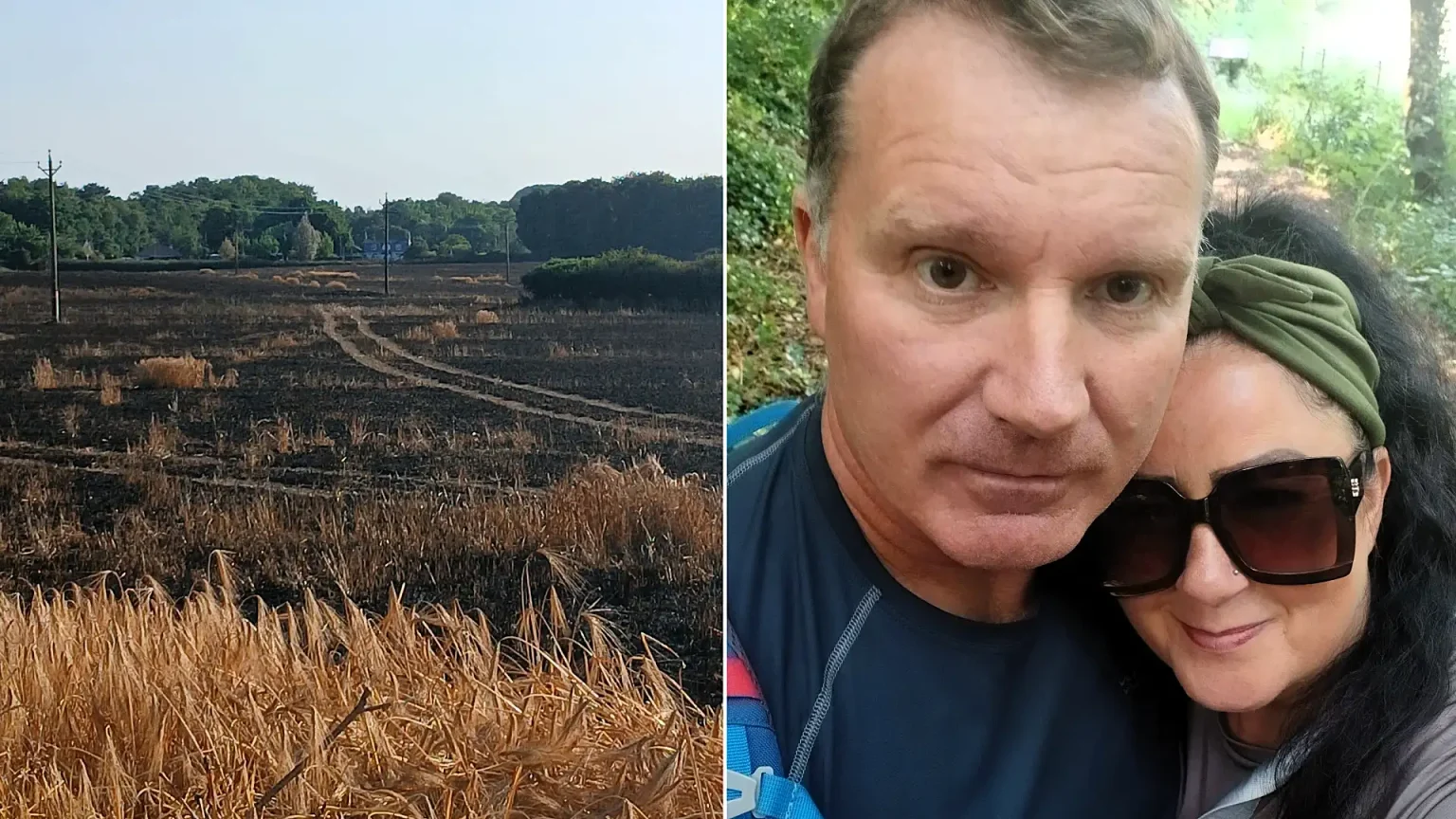 Couple stunned after a huge wildfire erupts during a relaxing countryside walk, tearing through a field the size of 14 football pitches in minutes.