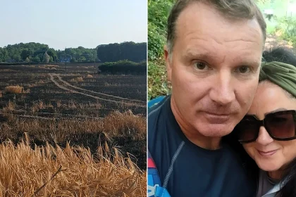 Couple stunned after a huge wildfire erupts during a relaxing countryside walk, tearing through a field the size of 14 football pitches in minutes.