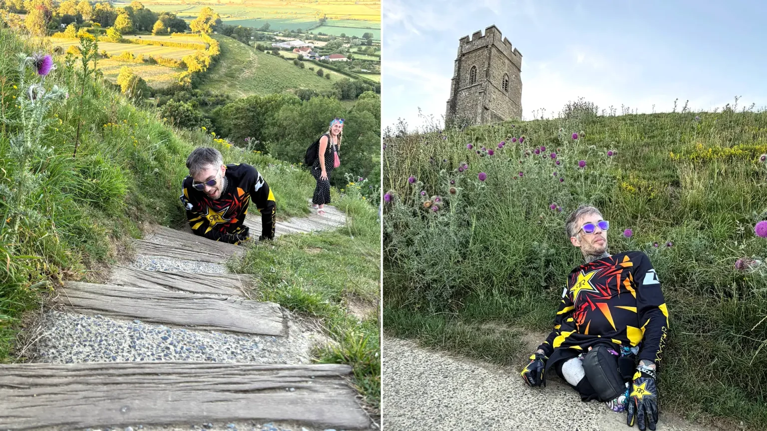 Double amputee rapper Kray-Z Legz, who survived sepsis, crawls up Glastonbury Tor on his hands and knees to raise money for disabled musicians.