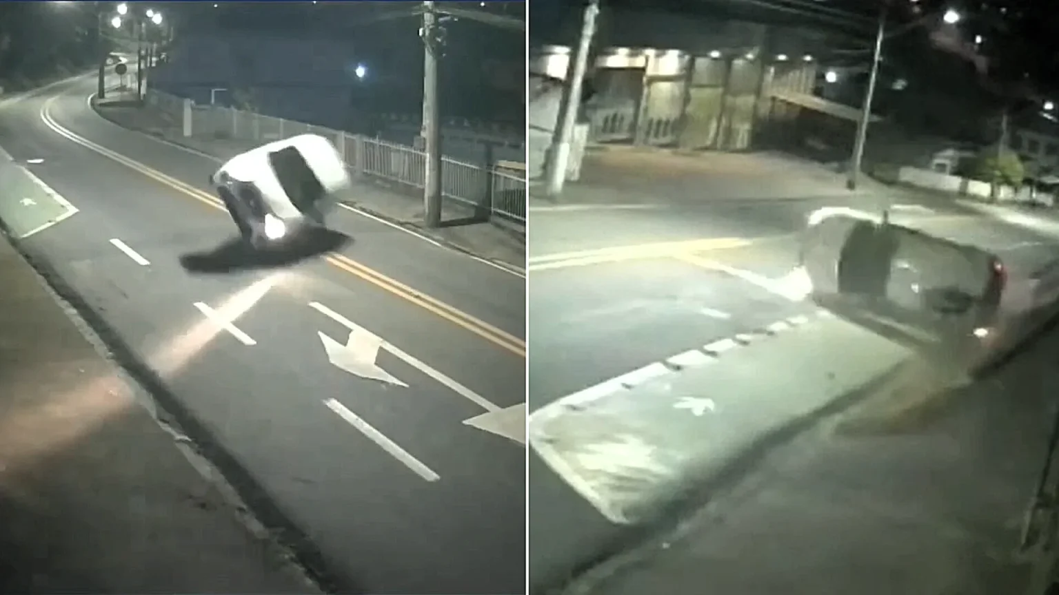 A driver flipped his car onto its roof, skidded upside down and knocked over a sign - then simply carried on driving as if nothing had happened in Brazil.