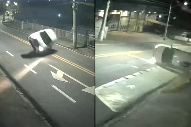 A driver flipped his car onto its roof, skidded upside down and knocked over a sign - then simply carried on driving as if nothing had happened in Brazil.