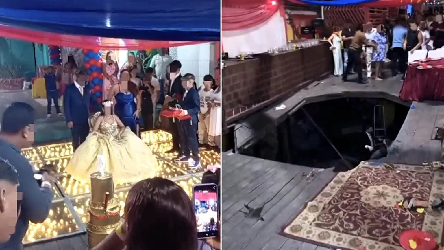 A wooden floor collapsed mid-photo at a Brazilian girl's 15th birthday party, injuring 11 guests - her neighbours later threw an impromptu street party so she could finally hear "Happy Birthday."