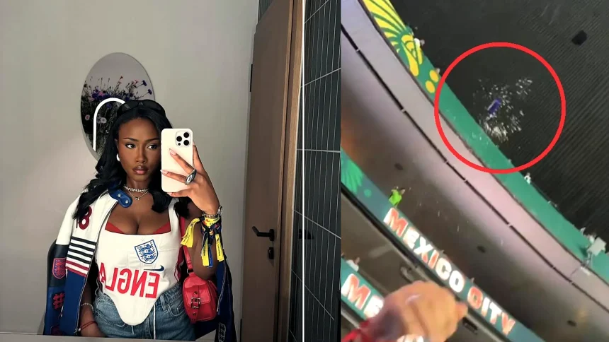 Bukayo Saka's fiancée Tolami Benson was among England fans doused in liquid - reportedly not just beer - by furious Mexico supporters during the dramatic 3-2 win.