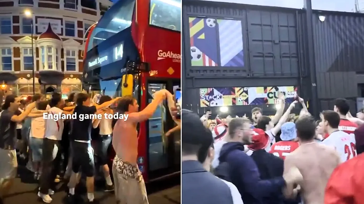 England fans brought streets to a standstill with 4am celebrations after reaching the quarter finals, blocking buses and chanting as football fever swept the nation.