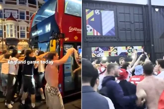 England fans brought streets to a standstill with 4am celebrations after reaching the quarter finals, blocking buses and chanting as football fever swept the nation.