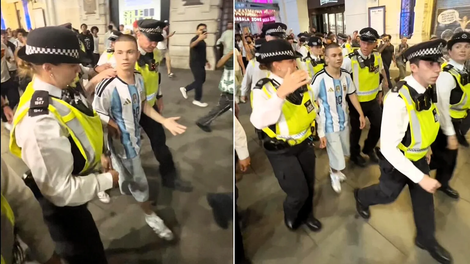 A lone Argentina fan was mobbed by furious England supporters in Piccadilly Circus after the Three Lions crashed out of the World Cup semi-final.