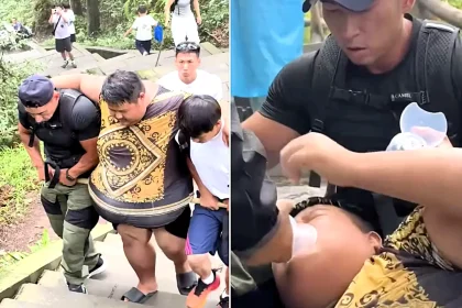 Extreme eating influencer weighing 27 stone had to be rescued on a stretcher after collapsing halfway up a mountain in China - as friends used bamboo poles to prop up his belly.