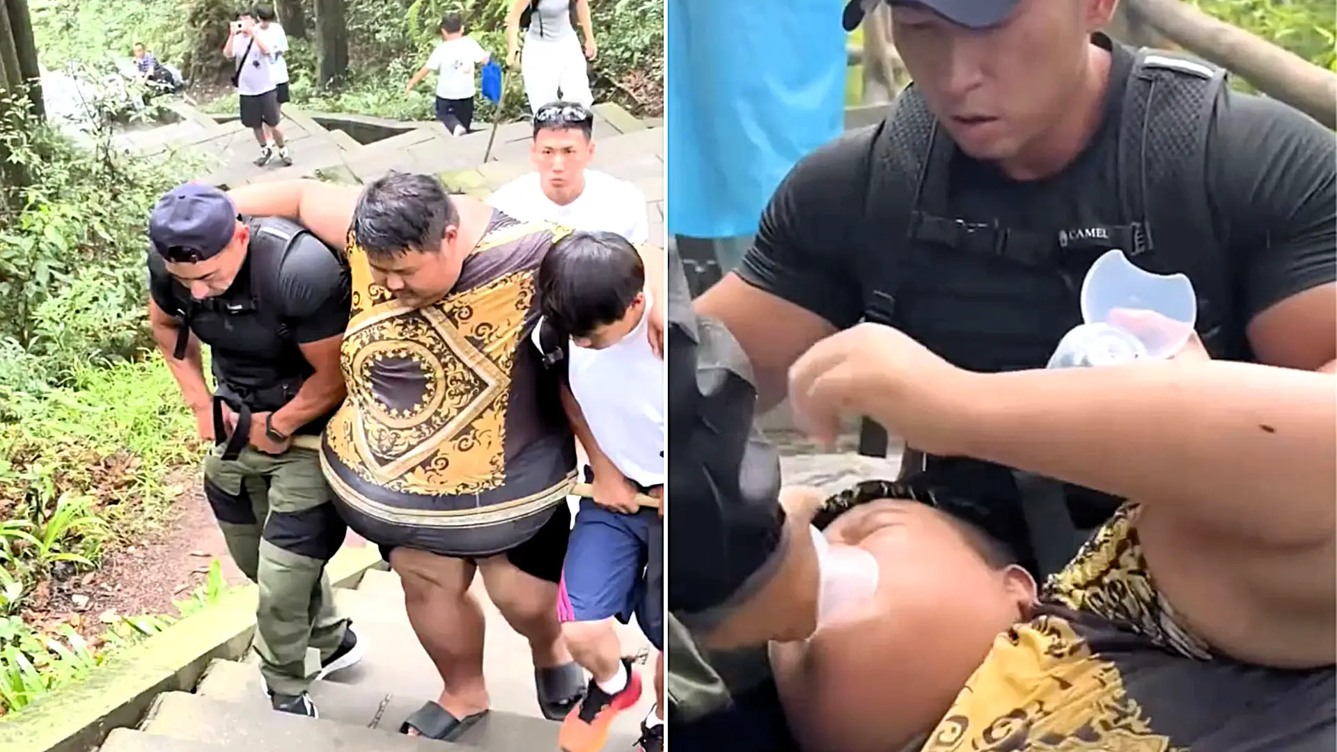 Extreme eating influencer weighing 27 stone had to be rescued on a stretcher after collapsing halfway up a mountain in China - as friends used bamboo poles to prop up his belly.