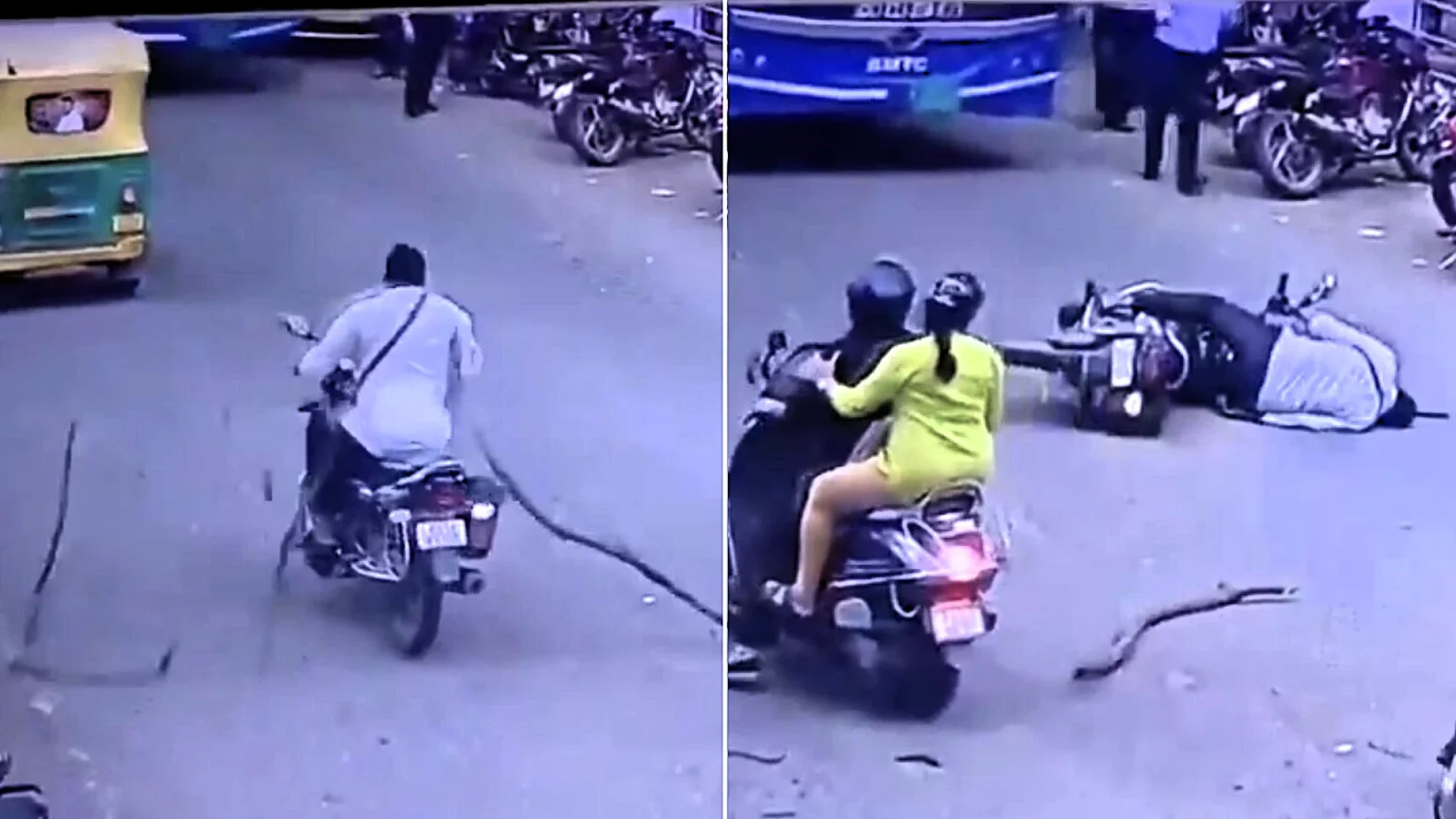 A helmetless motorcyclist was left in a coma after a tree branch snapped off and crashed onto him as he rode along a busy road in Bengaluru, India.