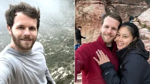 A father-to-be has died after plunging 20ft during a rock-climbing accident in California - his pregnant wife Nina now faces welcoming their first baby without him.