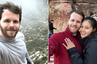 A father-to-be has died after plunging 20ft during a rock-climbing accident in California - his pregnant wife Nina now faces welcoming their first baby without him.