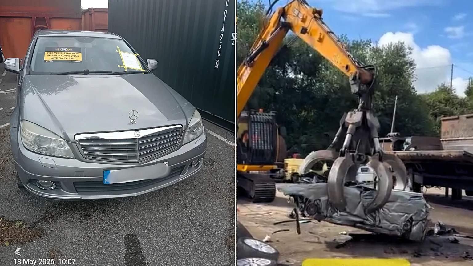A fly-tipper had their Mercedes crushed after CCTV caught the car being used to dump plastic pipes on a public right of way in Wiltshire.