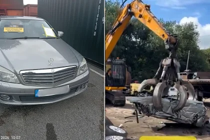 A fly-tipper had their Mercedes crushed after CCTV caught the car being used to dump plastic pipes on a public right of way in Wiltshire.