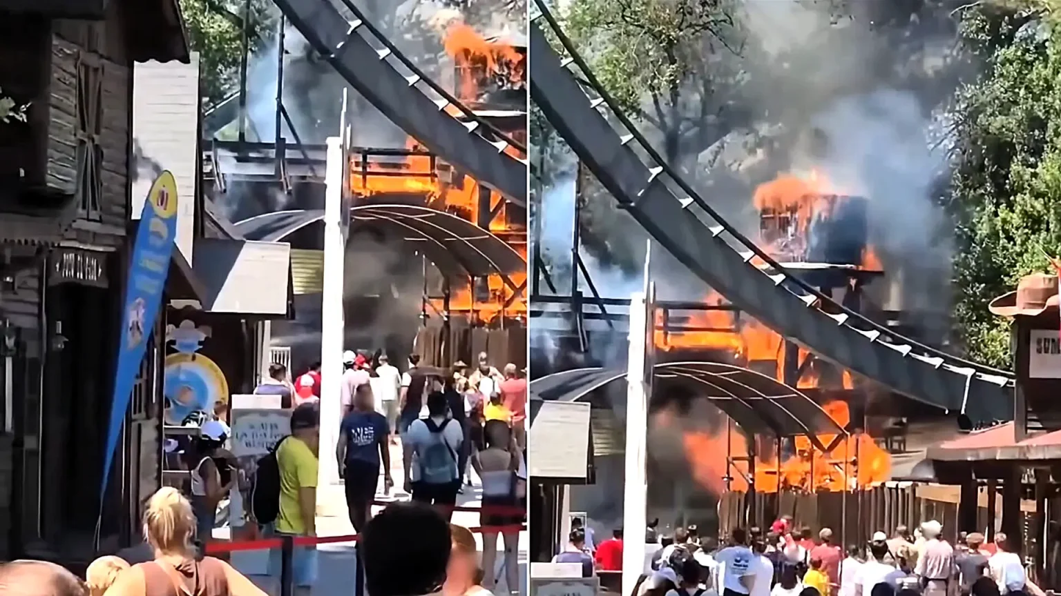A fire broke out beneath the Raptor roller coaster at Gardaland in Italy, engulfing a wooden watchtower in the Far West area - shaken visitors watched just metres away.