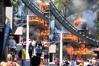 A fire broke out beneath the Raptor roller coaster at Gardaland in Italy, engulfing a wooden watchtower in the Far West area - shaken visitors watched just metres away.