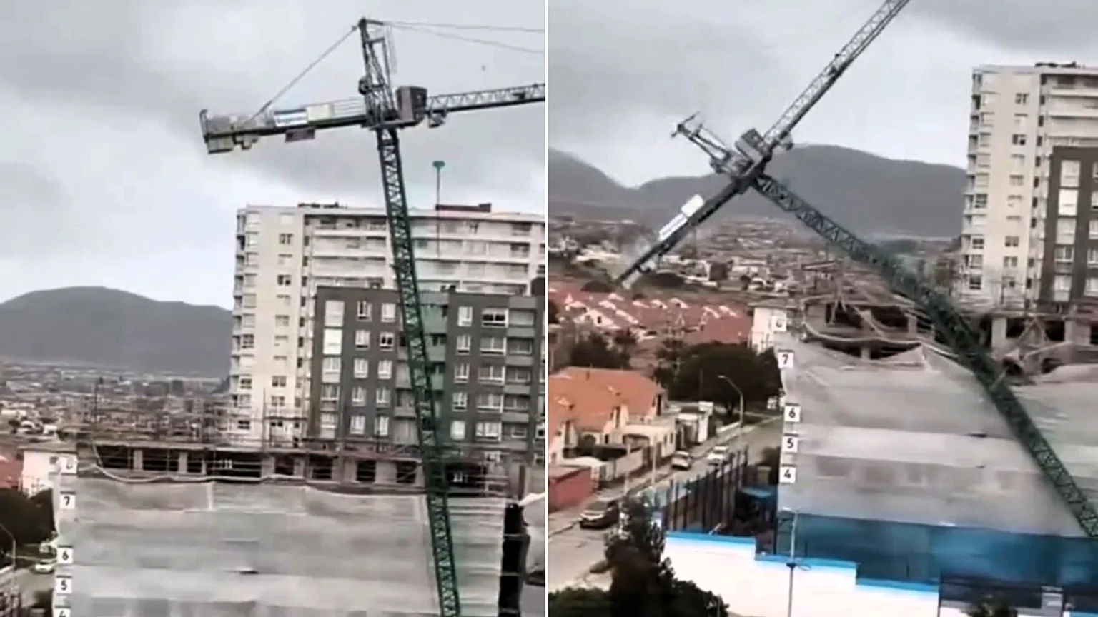 A giant crane was blown over by powerful winds and crashed onto a row of homes in Chile, damaging six houses - a 13-year-old girl inside had a lucky escape.