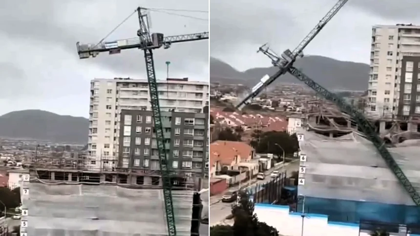 A giant crane was blown over by powerful winds and crashed onto a row of homes in Chile, damaging six houses - a 13-year-old girl inside had a lucky escape.