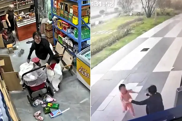 A six-year-old girl was blown out of a shop doorway while still in her bed during powerful typhoon winds in China - CCTV shows her swept across the tarmac onto grass.