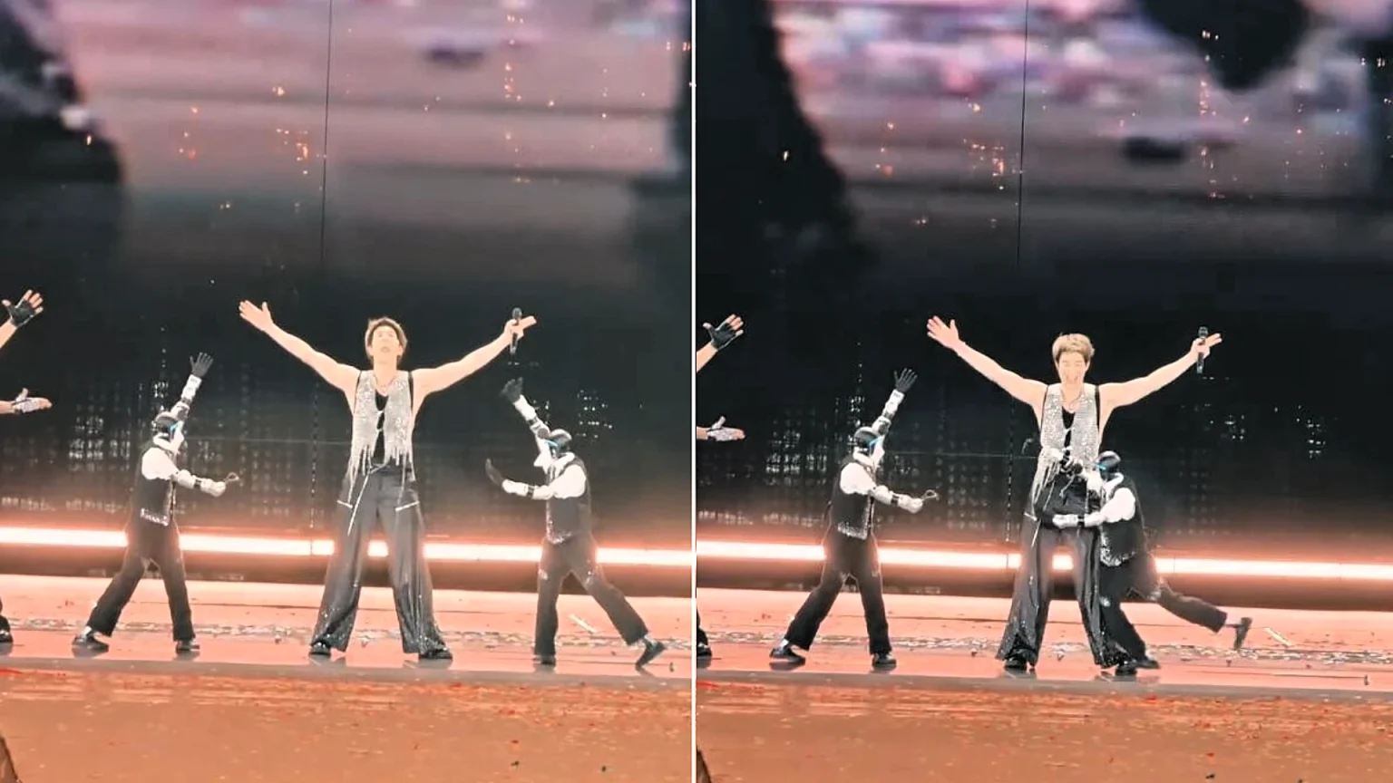 A malfunctioning robot dancer stumbled into Wang Leehom mid-concert - just a day after the pop star needed 39 stitches from a stage fall at the same venue.