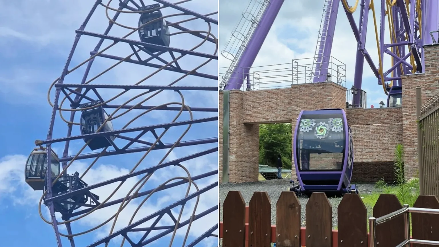 An empty Ferris wheel pod detached and crashed onto two others carrying five tourists at a South Korean amusement park - all were hospitalised as a precaution and later discharged unharmed.
