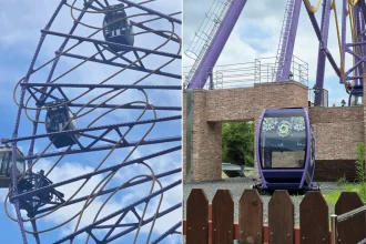 An empty Ferris wheel pod detached and crashed onto two others carrying five tourists at a South Korean amusement park - all were hospitalised as a precaution and later discharged unharmed.